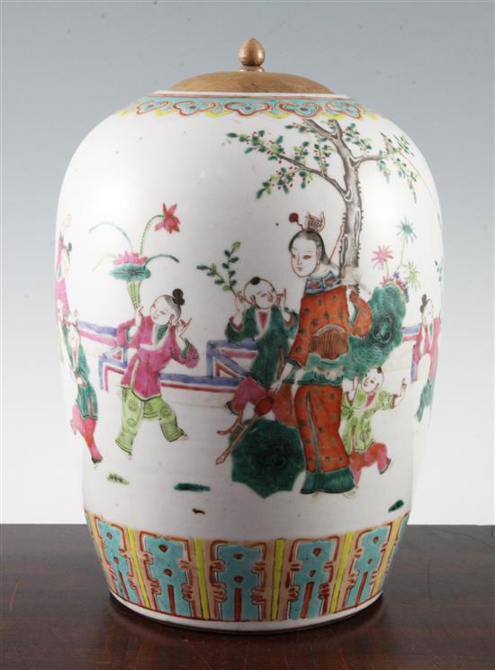 A Chinese famille rose ovoid jar, late 19th century, 32cm inc. wood cover